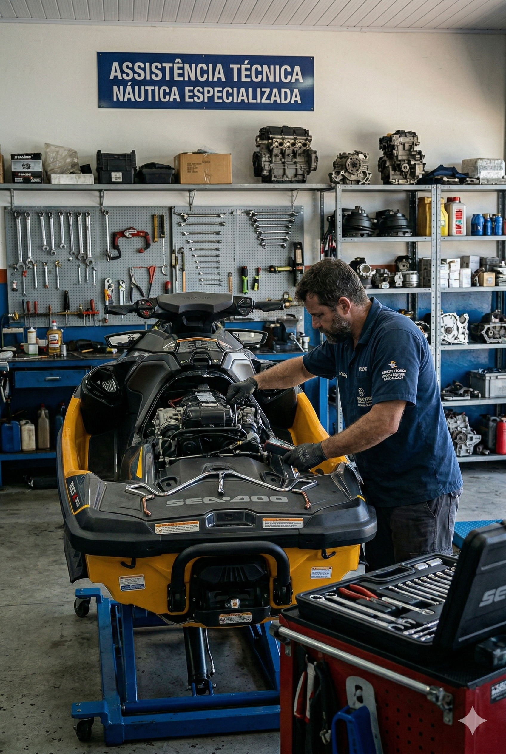 Mecânico especializado trabalhando em oficina de jet ski e assistência técnica náutica